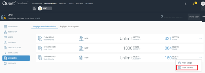 View servers from non-subscription license quota - 1 of 2